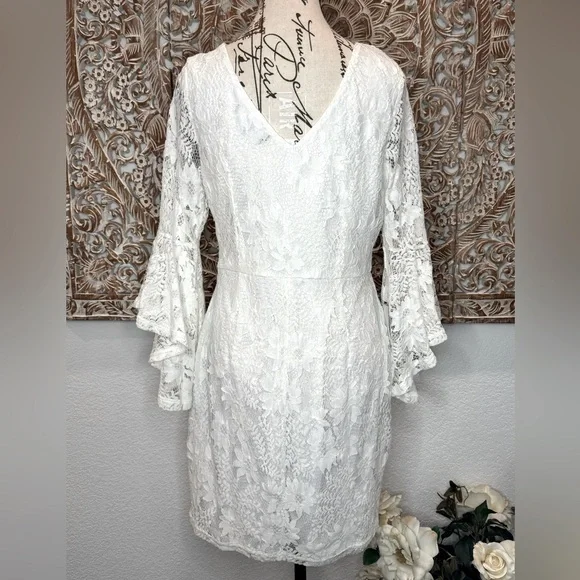 Lulus Allure 'Em In White Lace Bell Sleeve Bodycon Boho Fairycore Mini Dress - Picture 3 of 16